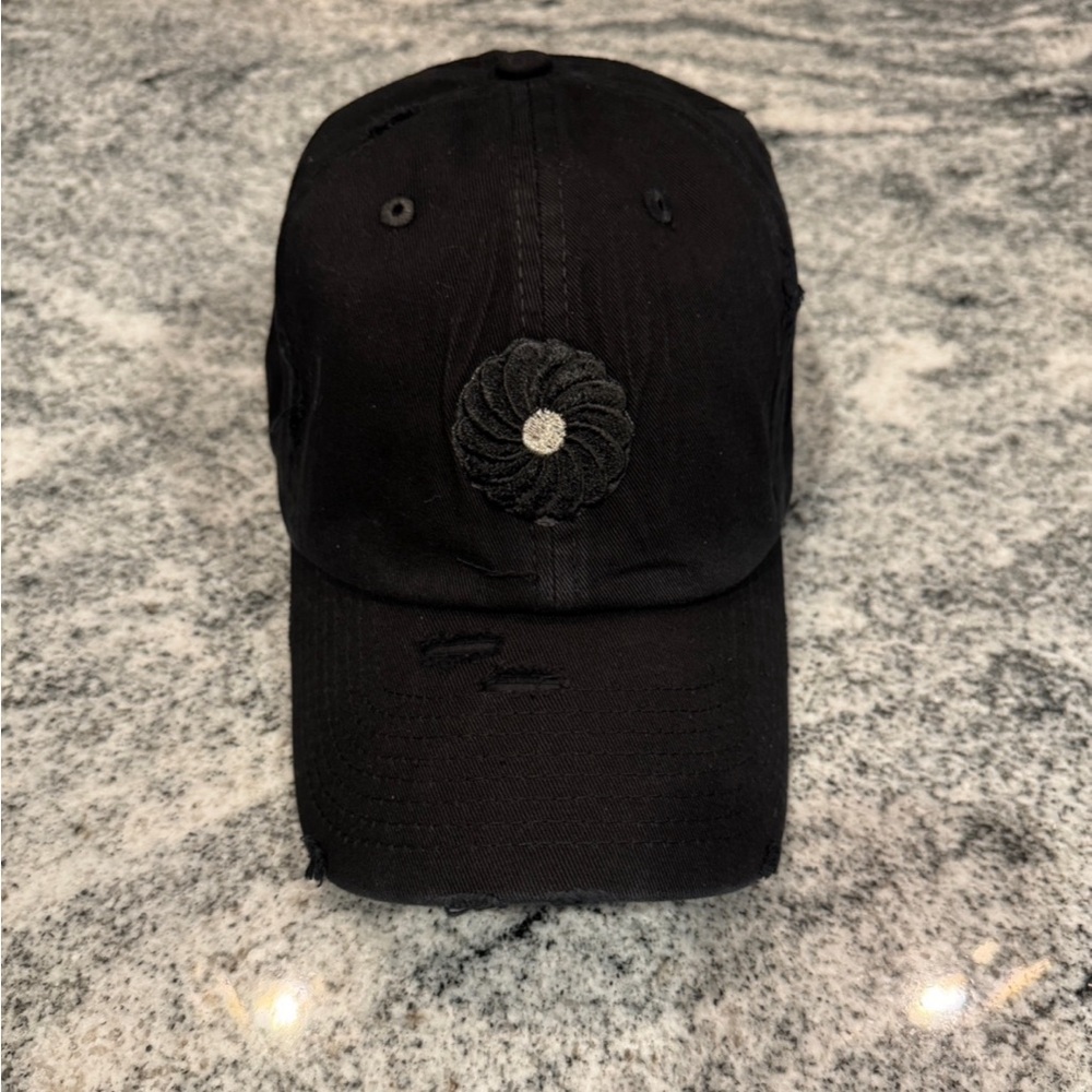 New Custom Designed Black Distressed Baseball Cap w Crystal Accent Black Flower